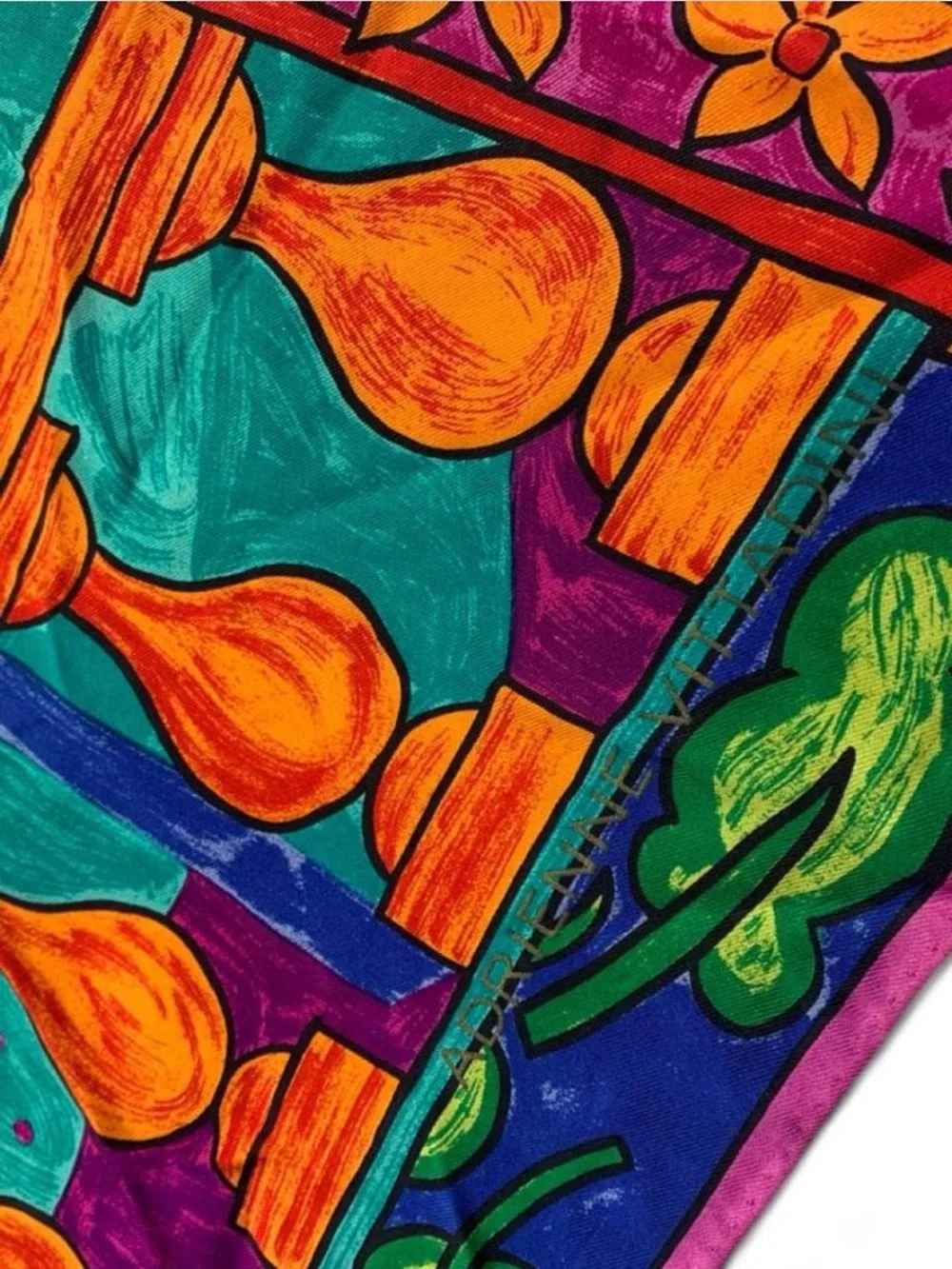 Adrienne Vittadini Vibrant Multicolor Abstract Scenic Silk Scarf 80s 90s 34x34